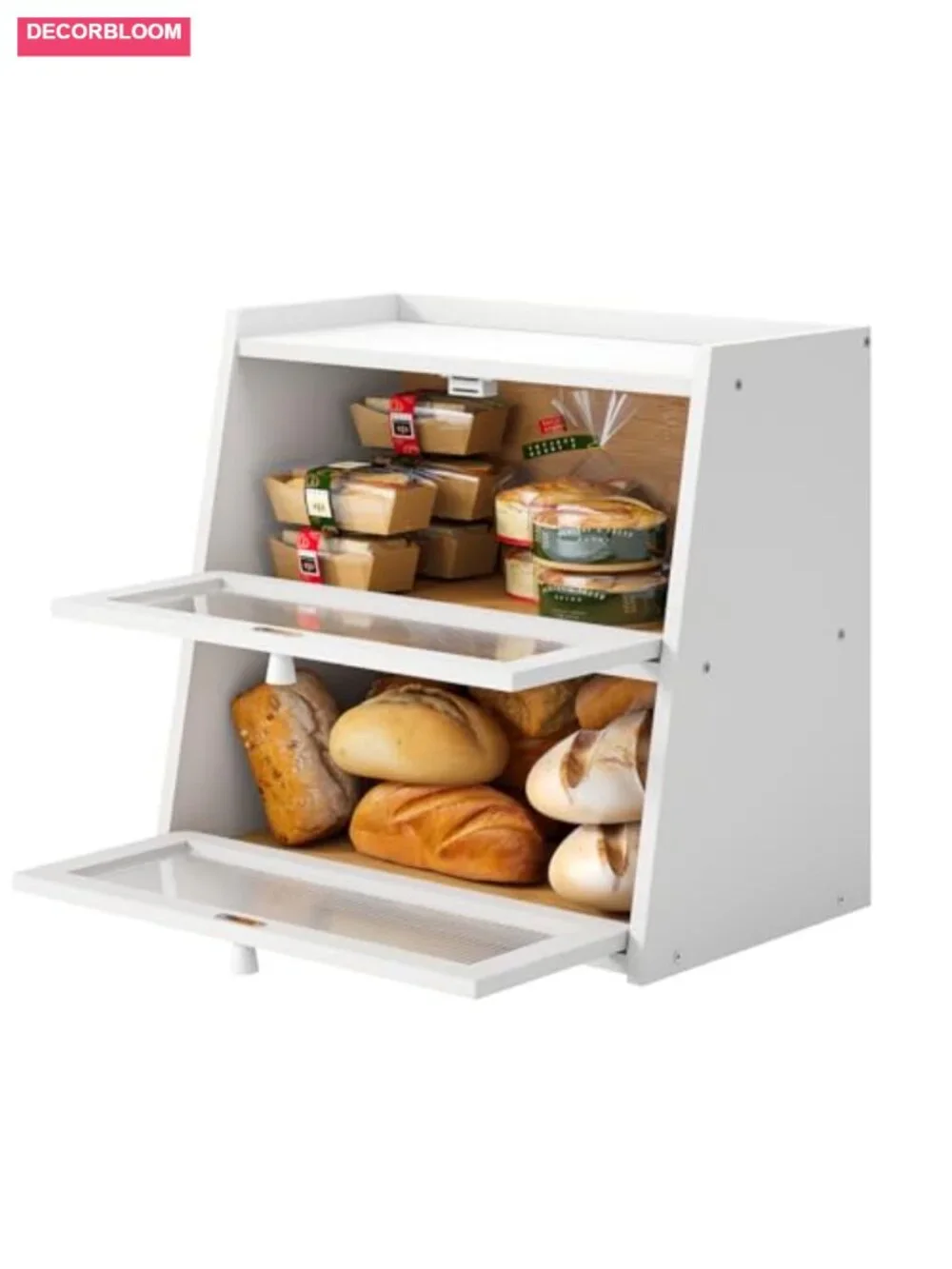 White Bread Box with Cutting Board, Bamboo & Acrylic Door, Large Kitchen